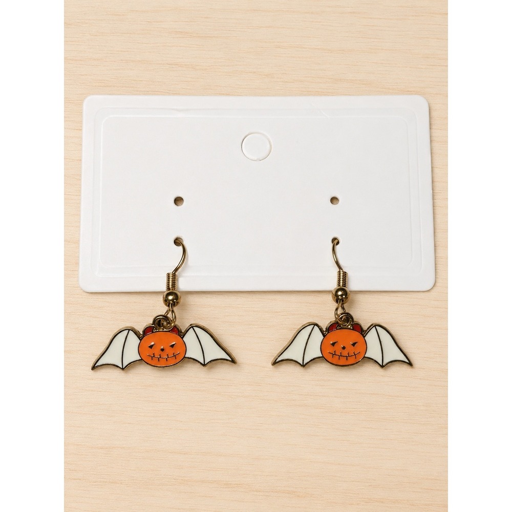 Halloween Pumpkin Bat Dangle Earrings Orange White Gold Tone Spooky Jewelry